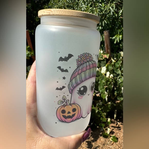 Cute ghost with coffee and beanie frosted Libbey can glass 16oz - Picture 4 of 4